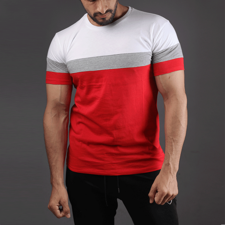 White, Grey And Red Panel Half Sleeve Tee - TeeFit Fashion