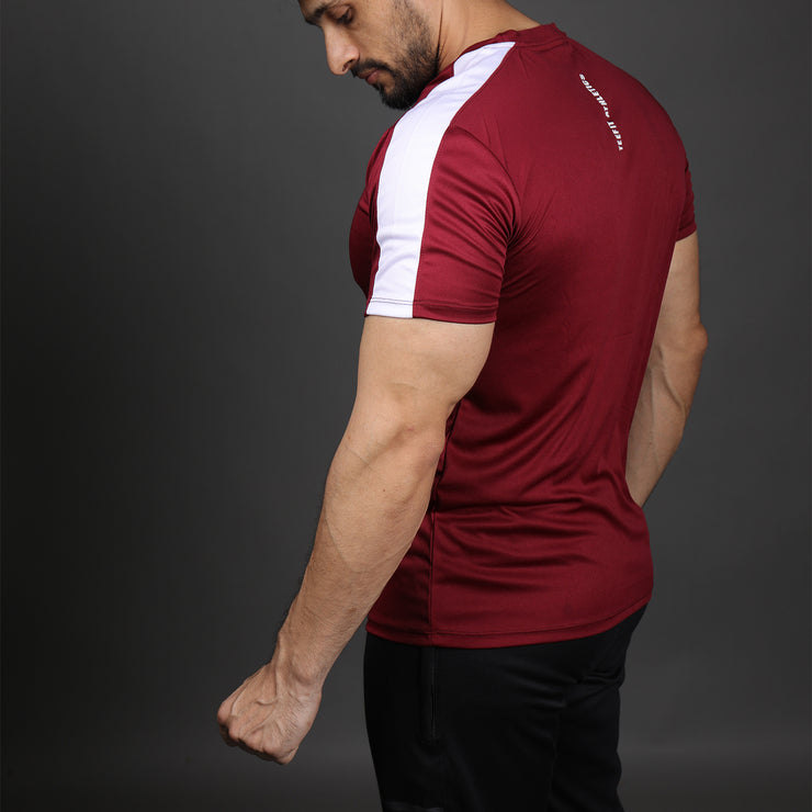 Maroon Performance Tee With White Mesh Shoulder Panel