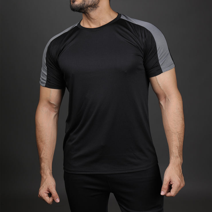 Black Performance Tee With Grey Mesh Shoulder Panel