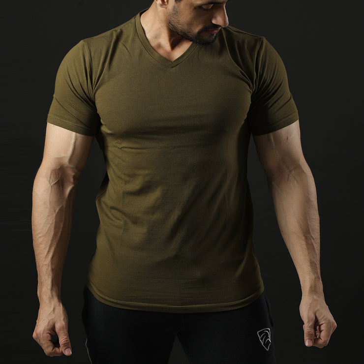 Tf-Premium Olive Green Half Sleeve V-Neck