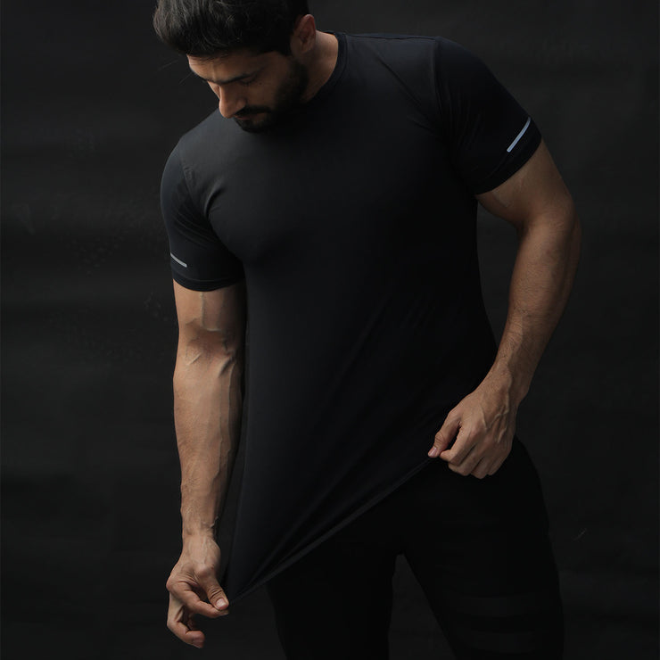 Black Ultimate Performance Compression Tee With Mesh Panel And Reflectors