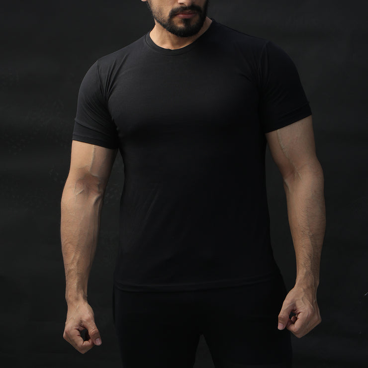 Black Lycra Tee With Orange Panel And Mesh Back