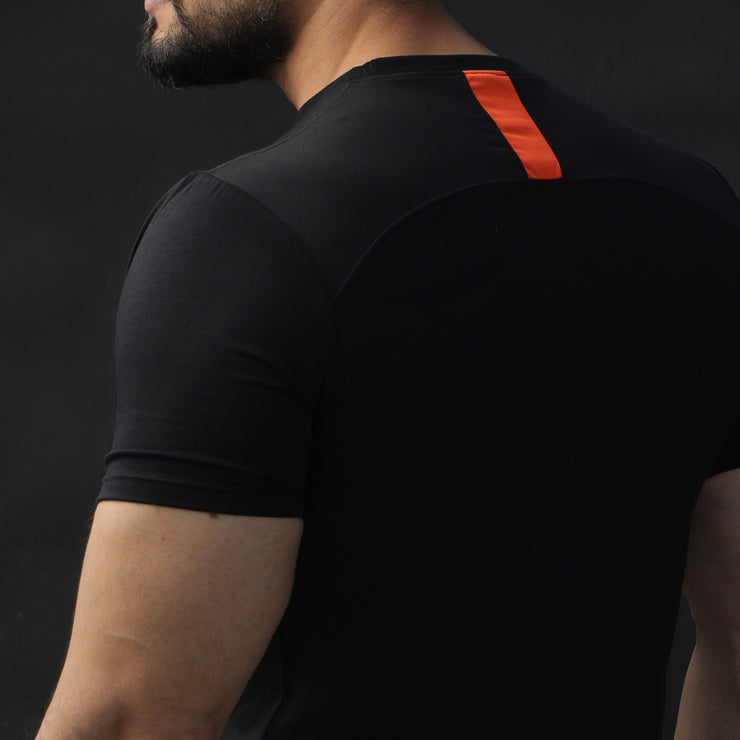 Black Lycra Tee With Orange Panel And Mesh Back