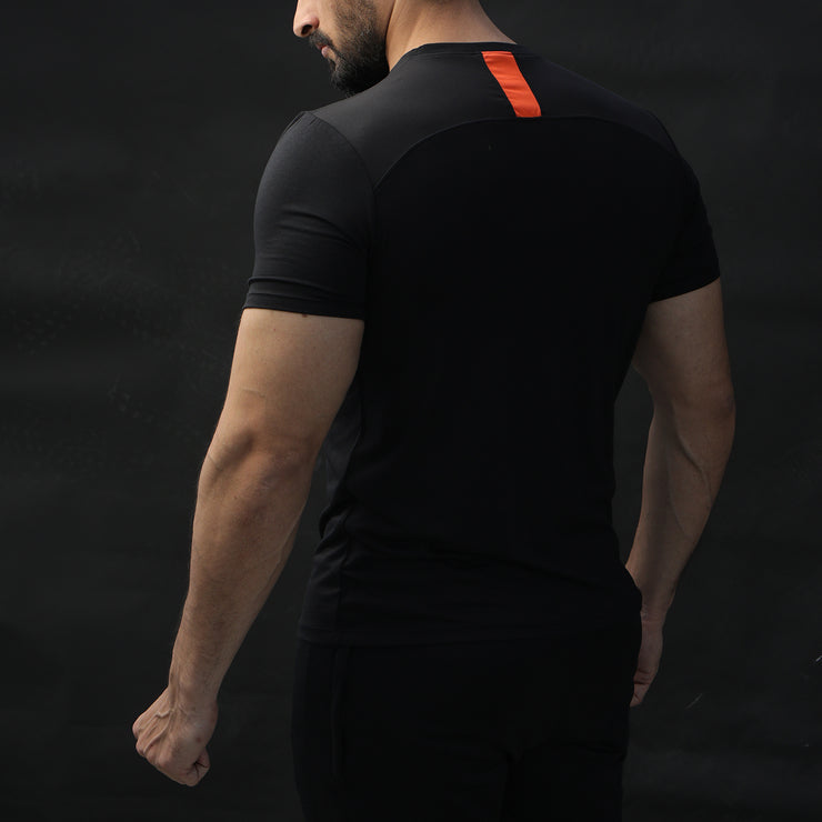 Black Lycra Tee With Orange Panel And Mesh Back