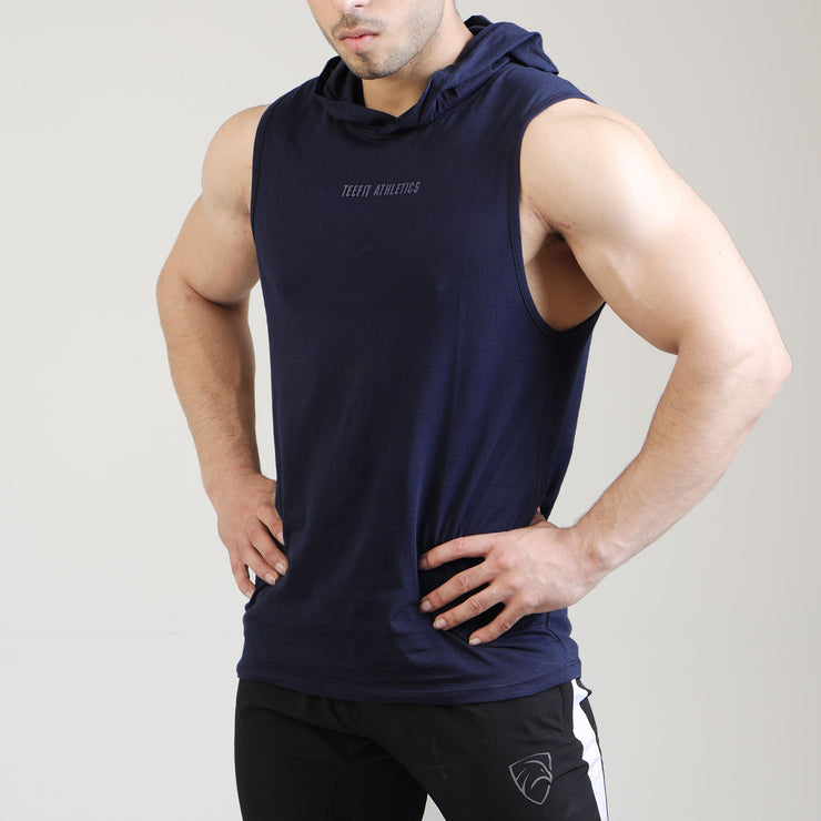 Premium Navy Cotton Sleeveless Hoodie Top