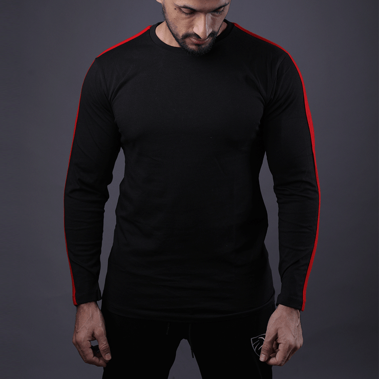 Black Full Sleeve Tee With Red Stripes - TeeFit Fashion