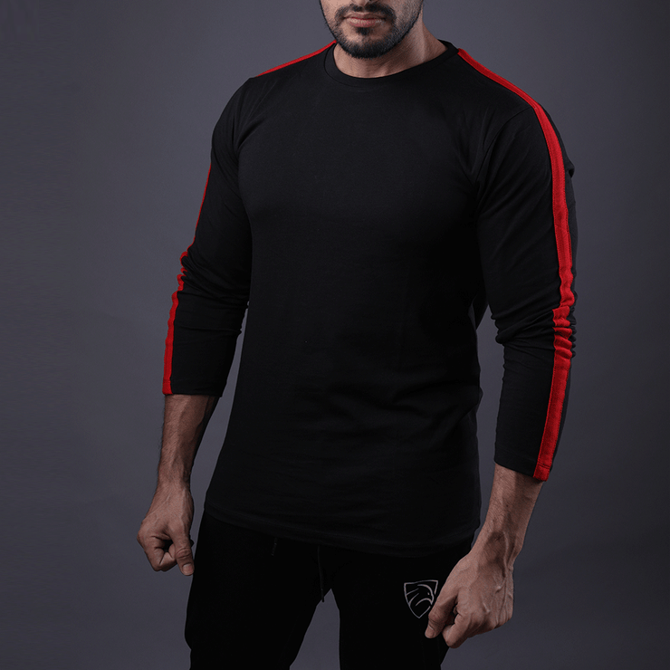 Black Full Sleeve Tee With Red Stripes - TeeFit Fashion