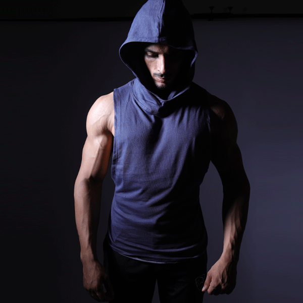 Denim Blue Deep Cut Hoodie Tank Top - TeeFit Fashion