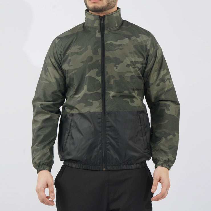 Solid Green Camouflage Long Panel Performance Mock Neck Zipper