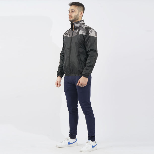 Grey Camouflage Panel Performance Mock Neck Zipper