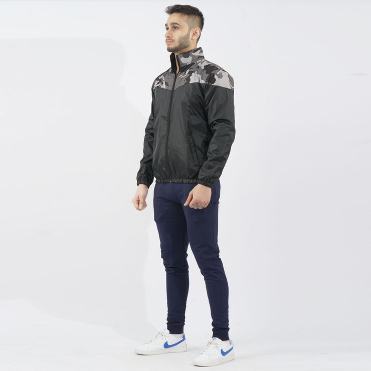 Grey Camouflage Panel Performance Mock Neck Zipper