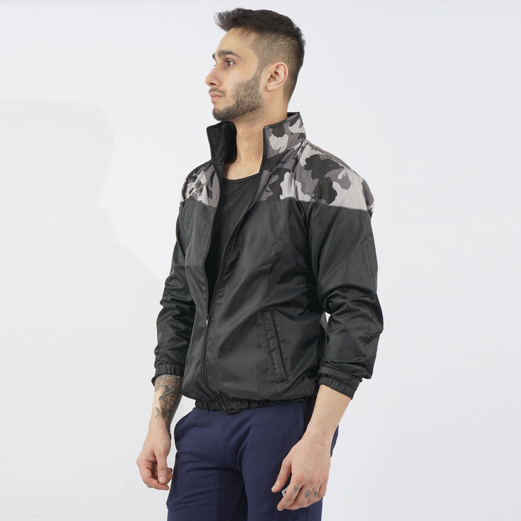 Grey Camouflage Panel Performance Mock Neck Zipper