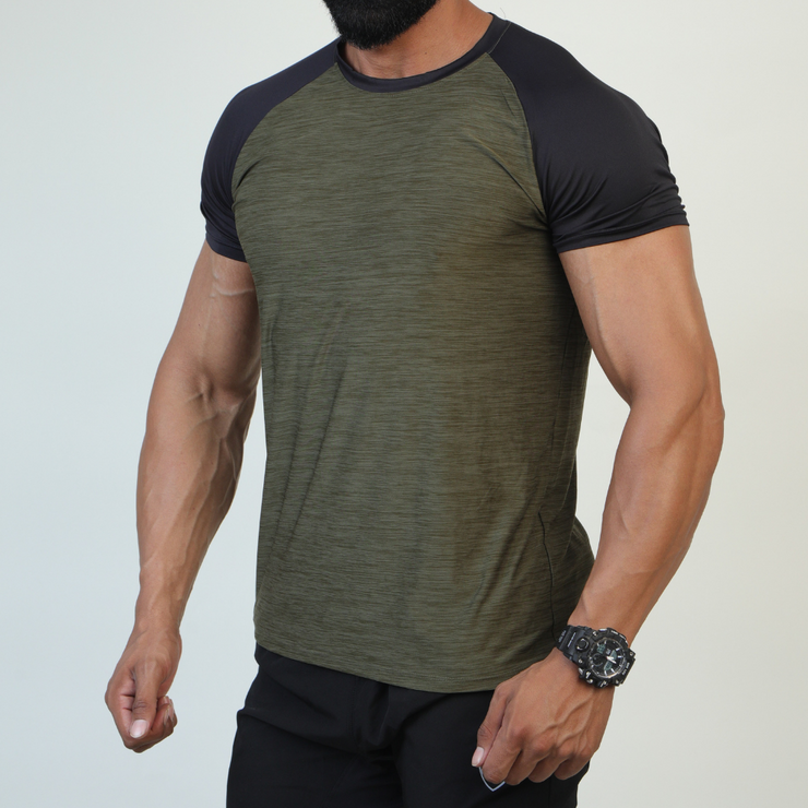 Texture Olive Half Sleeve Tee With Black Compression Sleeves