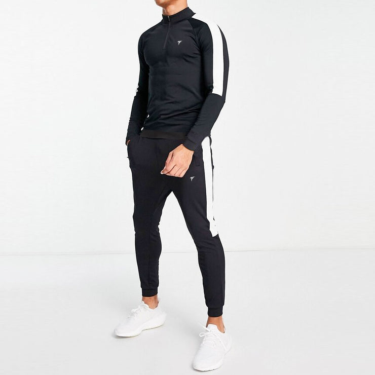 Black Poly Fleece Mock Neck Tracksuit With White Half Panels
