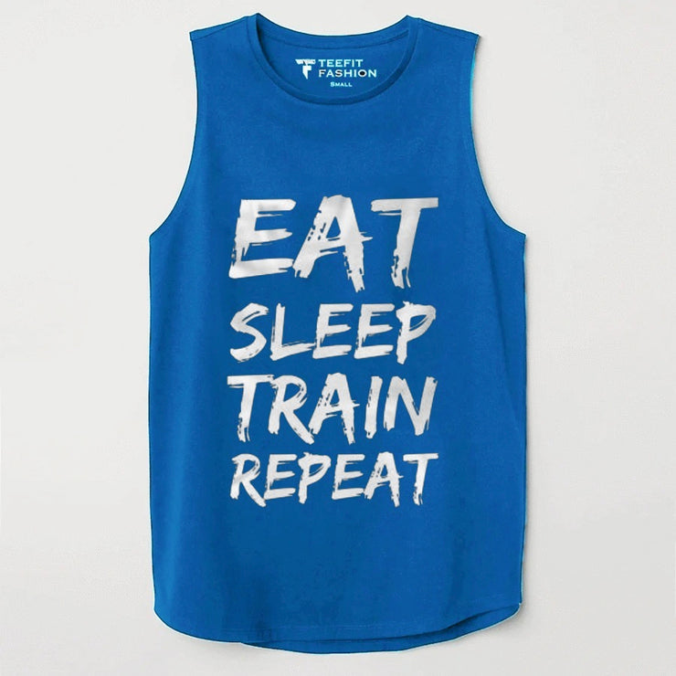 Eat Sleep Train Repeat Blue Sleeveless Top