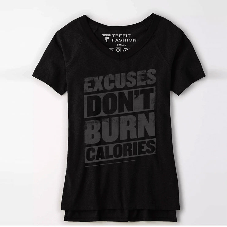 Excuses Dont Burn Calories Black V-Neck Women Top